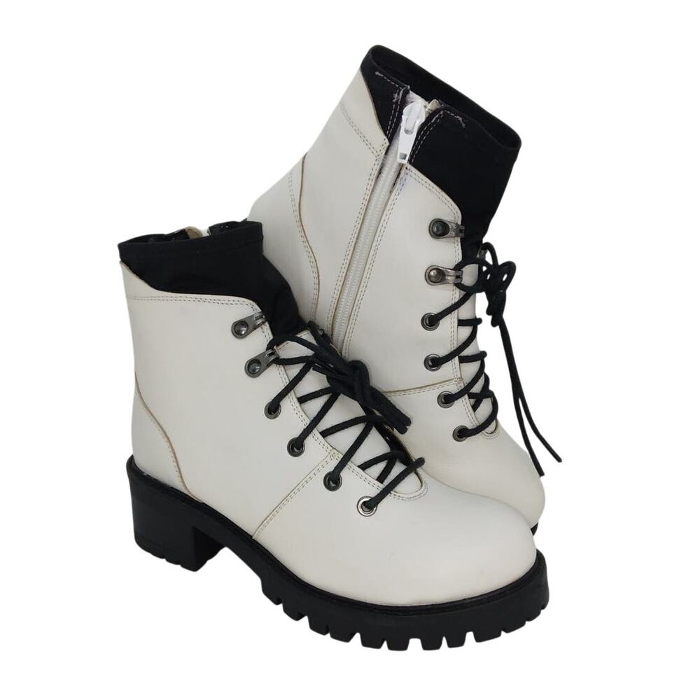 ENJOIYA Womens New w/Tags White & Black Combat Boots w/Zipper - Size: 7